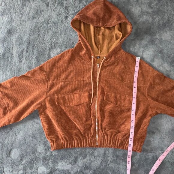 Zaful Brown Ribbed Cropped Hoodie Women's Large Corduroy Jacket - Picture 7 of 16
